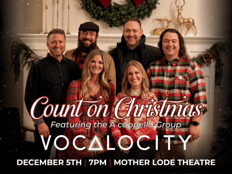 Six people in festive clothing pose for a Christmas concert poster: 'Count on Christmas' by Vocalocity at Mother Lode Theatre, December 5 at 7 PM.