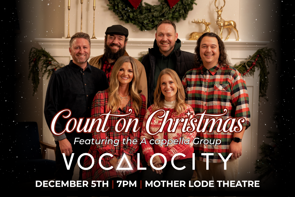 Six people in festive clothing pose for a Christmas concert poster: 'Count on Christmas' by Vocalocity at Mother Lode Theatre, December 5 at 7 PM.
